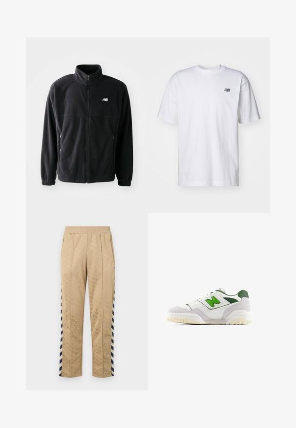 Zwarte fleecejack met een ritssluiting aan de voorkant, hoge kraag, twee zijzakken en elastische manchetten. New Balance-logo in het wit op de bovenste linkerzijde.; Witte korte mouwen crew neck T-shirt met klein zwart New Balance-logo op de linkerkant van de borst tegen een effen achtergrond.; Beige trainingsbroek met een tonale geperste bloemenpatroon, marineblauwe en witte gestreepte zijpanelen, een elastische tailleband en ritszakken.; Witte sneaker met groene accenten, gemaakt van leer en suède. Heeft een gestructureerde bovenkant, een gevoerde kraag en een rubberen zool met zichtbare loopnoppen.