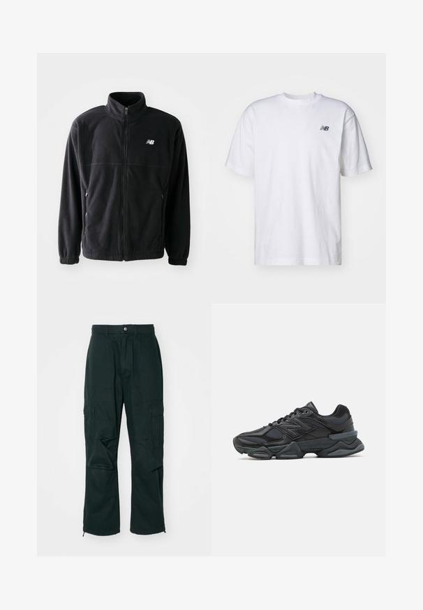 Svart fleece-jakke med glidelås foran, høy krage, to sidelommer og elastiske mansjetter. New Balance-logo i hvitt på øvre venstre side.; Hvit kortermet T-skjorte med rund hals og liten svart New Balance-logo på venstre bryst mot en ensfarget bakgrunn.; Mørkegrønne cargo bukser laget av slitesterkt stoff, med flere sidelommer, en avslappet passform, og glidelås ved anklene.; Svart løpesko med en blanding av mesh og syntetiske materialer, chunky såle, buet design og fremtredende merkevare på siden.
