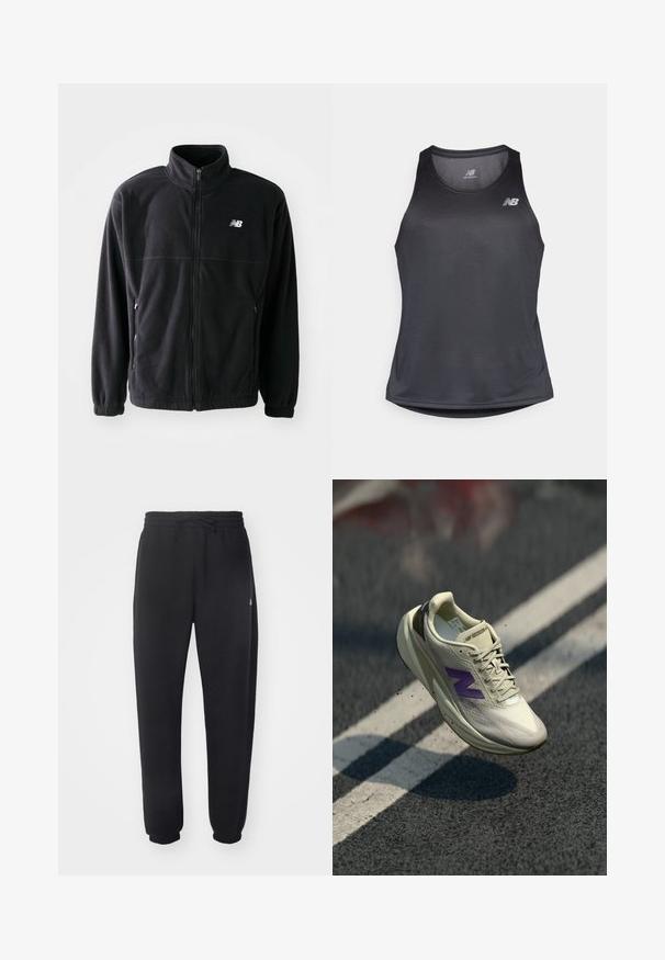 Czarna polarowa kurtka z zamkiem z przodu, wysokim kołnierzem, dwiema bocznymi kieszeniami i elastycznymi mankietami. Logo New Balance w białym kolorze na górnej lewej stronie.; Czarny sportowy top bez rękawów wykonany z tkaniny odprowadzającej wilgoć, z okrągłym dekoltem i subtelną teksturą prążkowaną, z białym logo na piersi.; Czarne dresy wykonane z miękkiego materiału, z elastycznym pasem, sznurkiem i zwężanymi mankietami, z subtelnym logo po boku.; Jasno kremowe buty do biegania z fioletowym logo. Posiadają teksturowaną cholewkę, sznurówki i amortyzowaną podeszwę. Podniesiony design z wyraźnym obcasem.