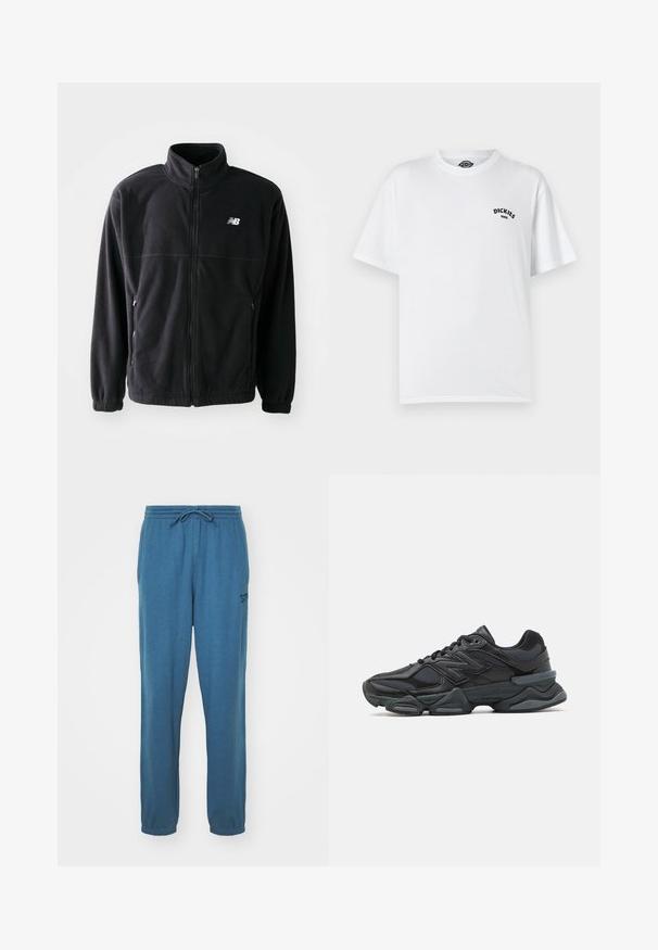 Zwarte fleecejack met een ritssluiting aan de voorkant, hoge kraag, twee zijzakken en elastische manchetten. New Balance-logo in het wit op de bovenste linkerzijde.; Witte katoenen t-shirt, korte mouwen, ronde hals, bevat zwart "Dickies" logo op de linkerkant van de borst. Gladde textuur, ontspannen pasvorm.; Blauwe, katoenen sweatpants met een elastische tailleband en een verstelbaar trekkoord. Kenmerkt zich door een klein logo op het linkerbeen en taps toelopende boorden bij de enkels.; Zwarte hardloopschoen met een mix van mesh en synthetische materialen, een stevige zool, gebogen ontwerp en prominente branding op de zijkant.