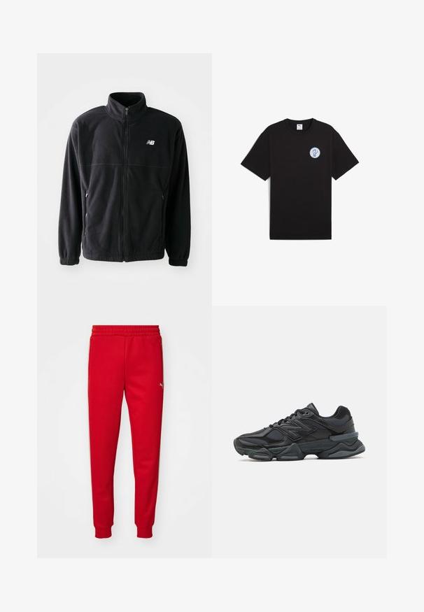 Jachetă din fleece neagră cu fermoar în față, guler înalt, două buzunare laterale și manșete elastice. Logo-ul New Balance în alb pe partea superioară stângă.; Tricou din bumbac negru cu mâneci scurte, guler rotund și un logo albastru rotund pe partea stângă a pieptului. Textură netedă și croială casual.; Pantaloni de trening roșii dintr-un material moale, cu talie elastică, picioare conice și detaliu cu logo auriu pe partea stângă. Textură netedă.; Pantofari de alergare negri, cu un amestec de plasă și materiale sintetice, talpă masivă, design curbat și branding proeminent pe lateral.