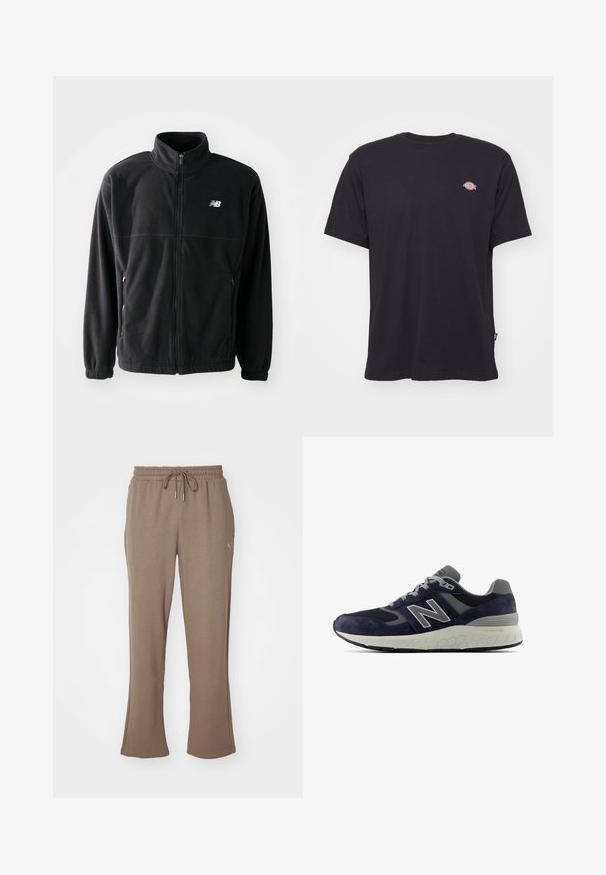 Black fleece jacket with a zip front, high collar, two side pockets, and elastic cuffs. New Balance logo in white on the upper left side.; Black cotton T-shirt with short sleeves, round neckline, and small colorful logo on the left chest. Features a straight hem.; Brown sweatpants with a tapered design, made from soft fabric, featuring an elastic waistband with a drawstring and a small logo on the side.; Men's running shoes featuring a navy suede upper with grey accents and mesh panels, a cream sole with a hexagonal texture, and laces.