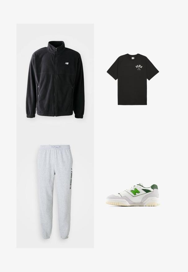 Sort fleecejakke med lynlås foran, høj krave, to sidelommer og elastiske manchetter. New Balance-logo i hvidt på den øverste venstre side.; Sort bomulds T-shirt med korte raglanærmer. Forsiden har hvid "PUMA" logo og "est. 48" tekst. Klassisk, afslappet pasform.; Grå sweats med elastisk talje, snøre og tætsiddende ankler. Har et side-logo tryk i sort. Blødt bomuldsstof.; Hvide sneakers med grønne accenter, lavet af læder og ruskind. Har en tekstureret overdel, polstret krave og en gummisål med synlige mønstre.