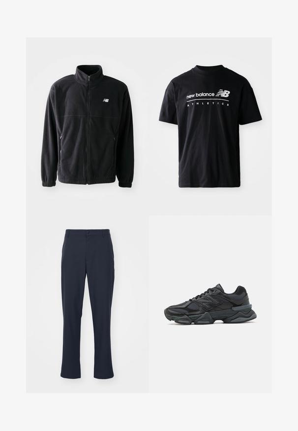 Jachetă din fleece neagră cu fermoar în față, guler înalt, două buzunare laterale și manșete elastice. Logo-ul New Balance în alb pe partea superioară stângă.; Tricou negru din bumbac, cu guler rotund, mâneci scurte și grafică albă cu textul "new balance" și "ATHLETICS" pe față.; Pantaloni tailoring de un albastru închis, confecționați dintr-un material din amestec de poliester. Prezintă închidere cu nasture, buzunare laterale și un design cu picior drept.; Pantofari de alergare negri, cu un amestec de plasă și materiale sintetice, talpă masivă, design curbat și branding proeminent pe lateral.