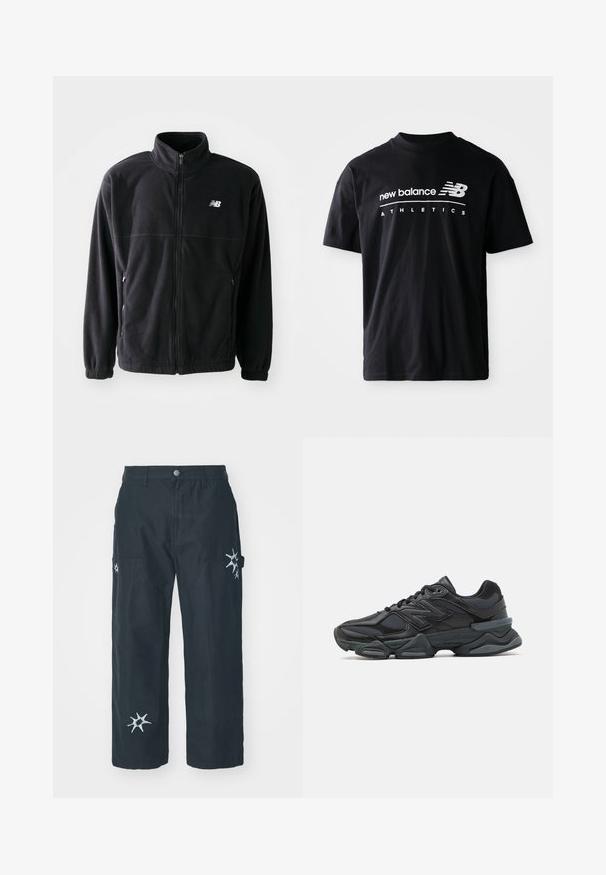 Melnās vilnas jakas ar rāvējslēdzēju priekšpusē, augstu apkakli, divām sānu kabatām un elastīgām piedurknēm. Jaunā Balansa logs baltā krāsā augšējā kreisajā pusē.; Melns kokvilnas T-krekls ar apaļu kaklu, īsām piedurknēm un baltu "new balance" un "ATHLETICS" tekstu uz priekšpuses.; Melni kokvilnas bikses ar brīvu piegriezumu, komplektā ar dekoratīvām baltām zvaigžņu formas izšuvumiem sānos un metāla pogu aizdari.; Melna skriešanas apavi ar jauktu acu audumu un sintētiskiem materiāliem, masīvu zoli, izliekta dizaina elementiem un izteiktu zīmola logotipu uz sāniem.