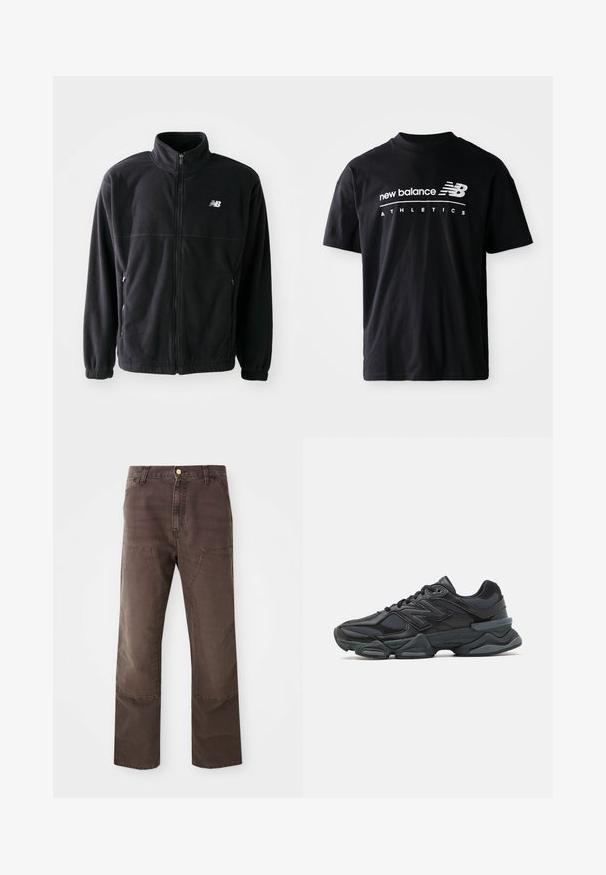 Černá fleecová bunda se zipem vpředu, vysokým límcem, dvěma bočními kapsami a elastickými manžetami. Logo New Balance v bílé barvě na horní levé straně.; Černé bavlněné tričko s kulatým výstřihem, krátkými rukávy a bílými grafickými nápisy "new balance" a "ATHLETICS" na přední straně.; Hnědé kalhoty rovného střihu vyrobené z bavlněné směsi. Mají přední náprsní kapsy a kontrastní švy. Doplňuje je klasické zapínání na knoflík.; Černá běžecká bota s kombinací síťoviny a syntetických materiálů, masivní podešev, zakřivený design a výrazné logo na boku.