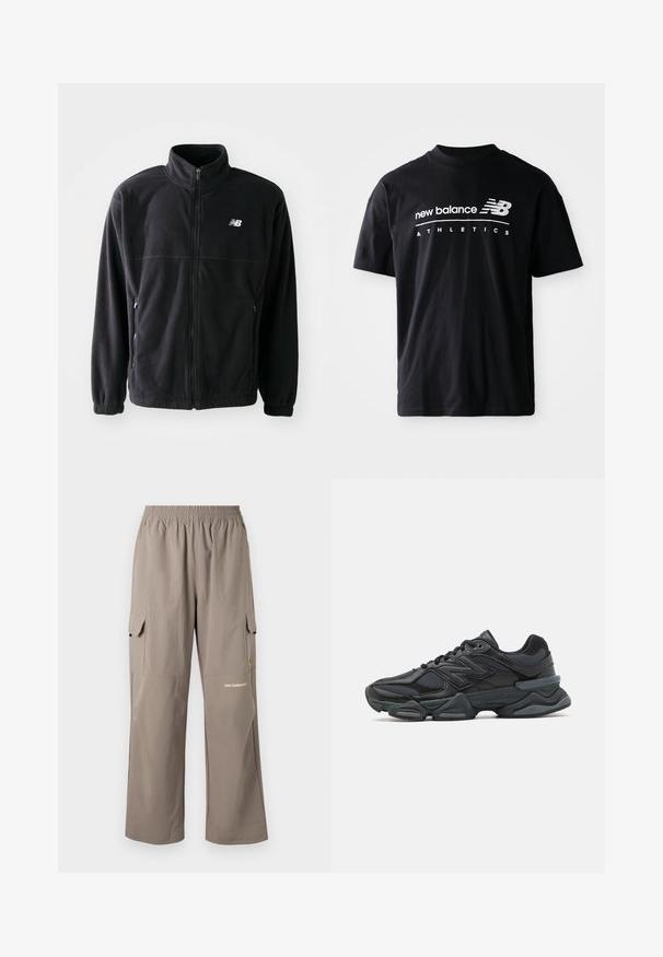 Crna flis jakna s patentnim zatvaračem sprijeda, visokim ovratnikom, dva bočna džepa i elastičnim manžetama. New Balance logo u bijeloj boji na gornjoj lijevoj strani.; Crna pamučna majica s kratkim rukavima i okruglim izrezom, na prednjoj strani s bijelim natpisima "new balance" i "ATHLETICS".; Cargo hlače izrađene od lagane tkanine, u taupe boji, s elastiniranim pojasom, bočnim džepovima i suptilnim logotipom brenda.; Crne trkačke tenisice izrađene od kombinacije mrežastih i sintetičkih materijala, s debelim potplatom, zakrivljenim dizajnom i istaknutim brendom sa strane.
