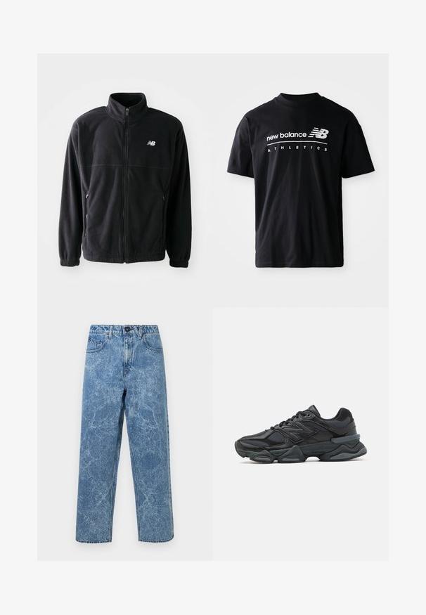 Čierna fleecová bunda so zipsom vpredu, vysokým golierom, s dvoma bočnými vreckami a elastickými rukávmi. Logo New Balance v bielej farbe na hornej ľavej strane.; Čierne bavlnené tričko s okrúhlym výstrihom, krátkymi rukávmi a bielymi nápismi "new balance" a "ATHLETICS" na prednej strane.; Modré acid-wash denimplnkové nohavice so strihom rovný nohavic, predným gombíkom, pútkom na opasok a štýlom s piatimi vreckami.; Čierna bežecká obuv so zmesou sieťoviny a syntetických materiálov, robustnou podrážkou, zakriveným dizajnom a výrazným logom na boku.