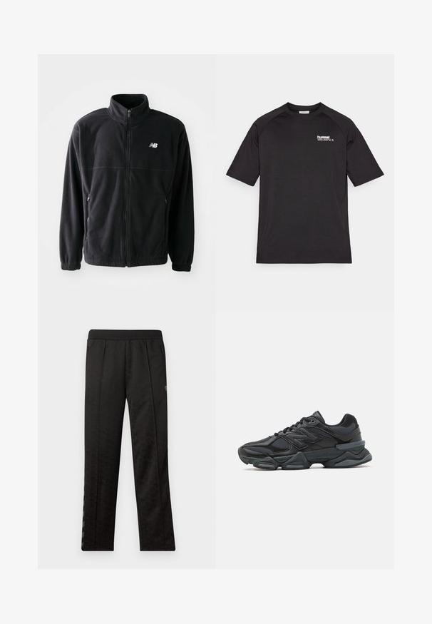Črna flis jakna z zadrgo spredaj, visokim ovratnikom, dvema stranskima žepoma in elastičnimi manšetami. Logo New Balance v belem na zgornji levi strani.; Črna majica s kratkimi rokavi iz mehkega bombaža, s smešnim 'hummel' logotipom na levem prsnem delu in raglan rokavi.; Črne športne hlače z teksturiranim vzorcem, elastičnim pasom, dvema žepoma z zadrgo na straneh in navpičnimi črtami ob straneh.; Črne tekaške superge, ki združujejo mrežaste in sintetične materiale, imajo debel podplat, ukrivljen oblikovni slog ter izrazito blagovno znamko na strani.