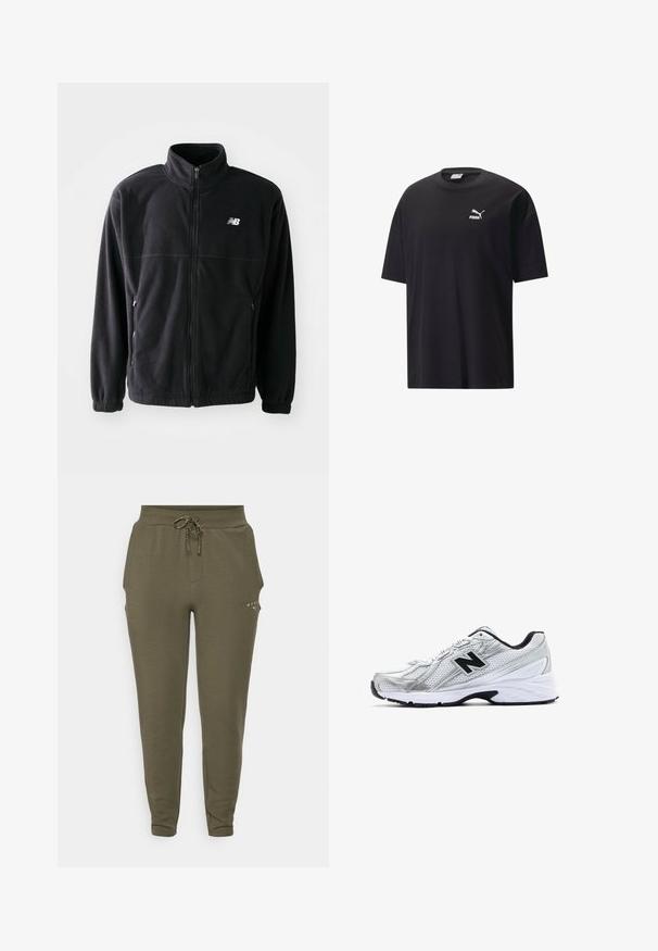Juodas vilnonis džemperis su užtrauktuku priekyje, aukštu apykakle, dviem šoninėmis kišenėmis ir elastinėmis rankovėmis. Naujojo Balanso logotipas baltos spalvos viršutiniame kairiajame kampe.; Juodas medvilnės marškinėliai trumpomis rankovėmis, apvali iškirptė ir balta Puma logotipas ant krūtinės. Paprastas ir nepuošnus dizainas.; Alyvuogių spalvos sportinės kelnės su elastingu juosmeniu ir reguliuojama raišteliu, pasižyminčios lieknu siluetu ir subtiliu logotipu šalia kišenės.; Sidabrinis sportinis batelis su tinklinio medžiaga, juodais akcentais, perforuotu dizainu ir paminkštintu balto pado. Yra ryškus 'N' logotipas.