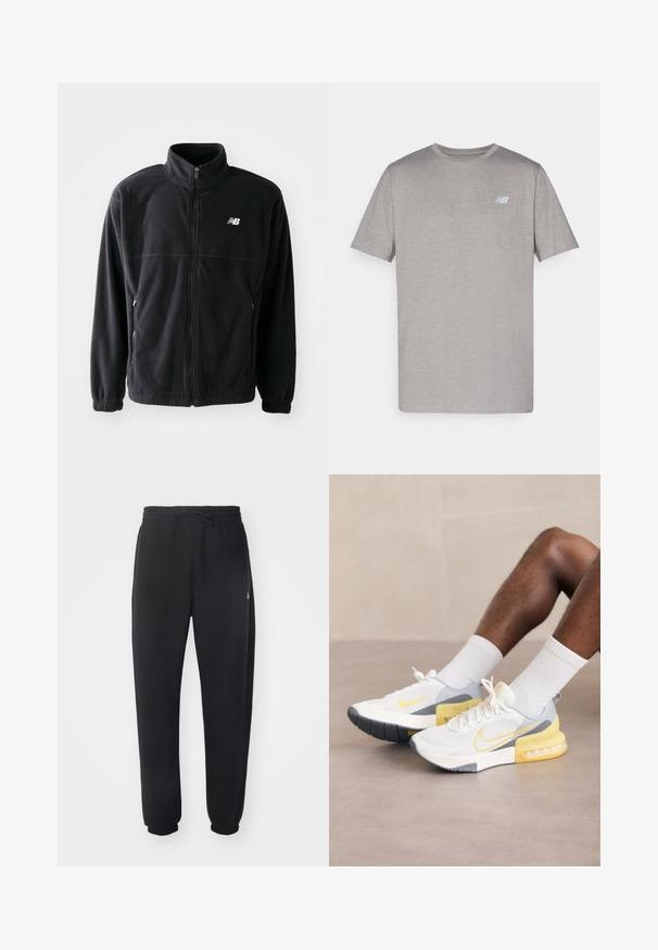 Svart fleece-jakke med glidelås foran, høy krage, to sidelommer og elastiske mansjetter. New Balance-logo i hvitt på øvre venstre side.; Grå kortermet t-skjorte laget av myk stoff med en subtil logo i lys blått på venstre bryst. Rund hals, normal passform.; Sorte joggebukser laget av mykt materiale med elastisk midje, snor og smale mansjetter, med en diskret logo på siden.; Hvite mesh joggesko med grå og gule detaljer, med en teksturert såle og et karakteristisk Nike swoosh-logo.
