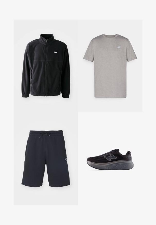 Casaco de fleece preto com fecho frontal, gola alta, dois bolsos laterais e punhos elásticos. Logotipo da New Balance em branco no lado superior esquerdo.; T-shirt cinza de mangas curtas feito de tecido macio, apresentando um logotipo discreto em azul claro no lado esquerdo do peito. Decote redondo, ajuste regular.; Reebok IDENTITY SMALL LOGO - Calções desportivos - black; Sapatilha atlética preta com um cabedal texturizado, calcanhar reforçado e uma sola cinza grossa. Apresenta um destacado logo "N".