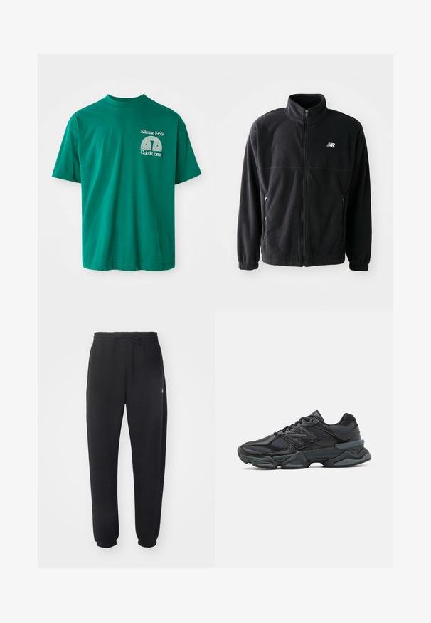 Μαύρο fleece μπουφάν με φερμουάρ μπροστά, ψηλό γιακά, δύο πλαϊνές τσέπες και ελαστικούς καρπούς. Λογότυπο New Balance σε λευκό στο άνω αριστερό μέρος.; Πράσινο βαμβακερό T-shirt με στρογγυλή λαιμόκοψη. Διαθέτει εκτύπωση γραφικών σε λευκό που αναγράφει "Ellesse 1959 Club di Corsa" στο αριστερό στήθος.; Μαύρο αθλητικό παντελόνι φ made από μαλακό υλικό με ελαστική μέση, κορδόνι και στενά μανίκια, με διακριτό λογότυπο στο πλάι.; Μαύρο αθλητικό παπούτσι με συνδυασμό πλέγματος και συνθετικών υλικών, χοντρή σόλα, καμπυλωτό σχέδιο και έντονη επωνυμία στο πλάι.
