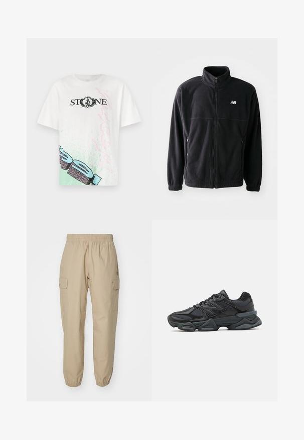 Mustat fleece-takit, jossa on vetoketjuedessä, korkea kaulus, kaksi sivutaskua ja joustavat hihansuut. Uuden Balance -logo valkoisena vasemmalla ylhäällä.; Valkoinen puuvillapaita, jossa on mustalla tekstillä "STONE" ja vihreät sekä vaaleanpunaiset graafiset yksityiskohdat edessä. Rentoa mallia. Lyhyet hihat.; Beige cargo-housut, joissa on joustava vyötärö, kapenevat lahkeet ja sivutaskut. Tasainen kangas, jossa on hieman rakenteellinen tekstuuri.; Musta juoksukenkä, jossa on yhdistelmä verkko- ja synteettisiä materiaaleja, paksu pohja, kaareva muotoilu ja näkyvä brändäys sivussa.