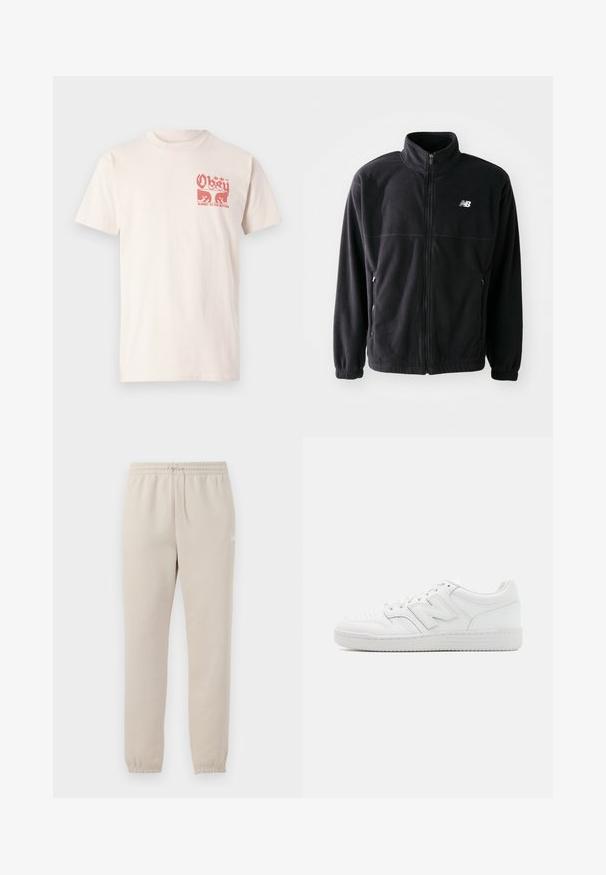 Schwarze Fleecejacke mit Reißverschluss vorne, hohem Kragen, zwei seitlichen Taschen und elastischen Bündchen. New Balance-Logo in Weiß auf der oberen linken Seite.; Kurzärmliges, hellbeiges Baumwoll-T-Shirt mit einem roten Grafikaufdruck auf der Vorderseite, der den Text "Obey" und "Submit to the rhythm" zeigt.; Helle beige Jogginghose aus weichem Material mit einem elastischen Bund, verstellbarem Kordelzug und schmal zulaufenden Bündchen an den Knöcheln.; Weiße Sneaker aus glattem Leder, mit perforierter Zehenpartie, einer strukturierten Gummisohle, flachen Schnürsenkeln und einem auffälligen 'N'-Logo an der Seite.
