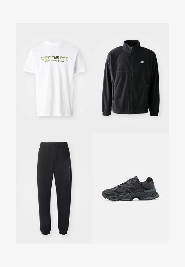 Giacca in pile nera con zip frontale, colletto alto, due tasche laterali e polsini elasticizzati. Logo New Balance in bianco sul lato sinistro superiore.; T-shirt bianca in cotone con il testo stampato in verde "carhartt. WORK IN PROGRESS" sulla parte anteriore. Maniche corte e design classico a girocollo.; Pantaloni della tuta neri realizzati in materiale morbido con vita elastica, coulisse e polsini aderenti, caratterizzati da un logo sottile sul lato.; Scarpa da corsa nera con una combinazione di materiali in rete e sintetici, suola spessa, design curvo e marchio ben visibile sul lato.