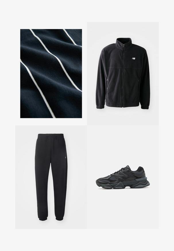 Zwarte fleecejack met een ritssluiting aan de voorkant, hoge kraag, twee zijzakken en elastische manchetten. New Balance-logo in het wit op de bovenste linkerzijde.; Navyblauwe stof met witte verticale strepen, met een gladde textuur en een lichte glans, die het gestreepte ontwerp benadrukt.; Zwarte joggingbroek van zacht materiaal met een elastische tailleband, trekkoord en taps toelopende manchetten, met een subtiele logo aan de zijkant.; Zwarte hardloopschoen met een mix van mesh en synthetische materialen, een stevige zool, gebogen ontwerp en prominente branding op de zijkant.