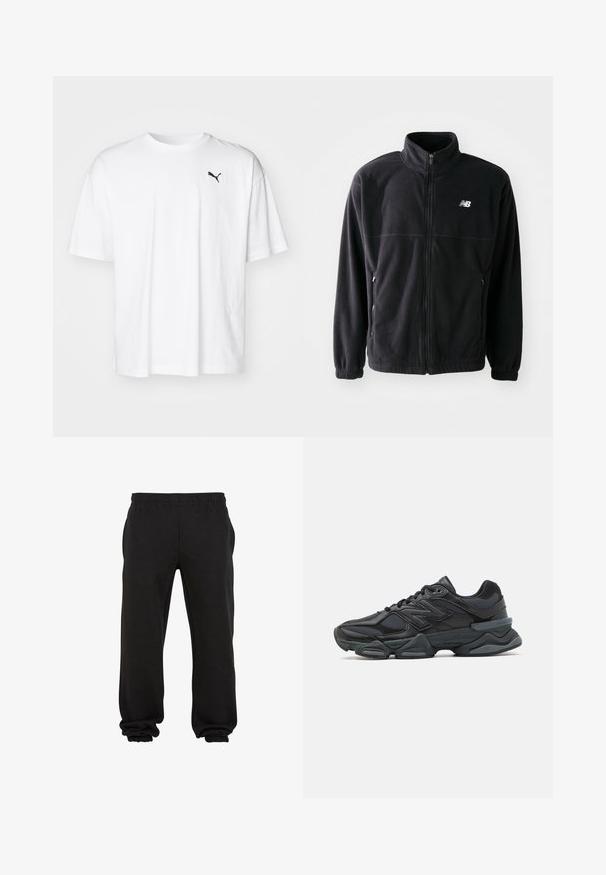 Juodas vilnonis džemperis su užtrauktuku priekyje, aukštu apykakle, dviem šoninėmis kišenėmis ir elastinėmis rankovėmis. Naujojo Balanso logotipas baltos spalvos viršutiniame kairiajame kampe.; Balta medvilnės marškinėliai su apvalia iškirpte ir trumpomis rankovėmis. Yra mažas juodas Puma logotipas kairėje krūtinės pusėje. Minkšta tekstūra.; Juodi treningai, pagaminti iš minkštos medžiagos, su elastinga juosta liemeniui ir elastingais rankogaliais ties kulkšnimis, užtikrinantys patogią ir laisvą prigludimą.; Juodas bėgimo batelis, pagamintas iš tinklinės ir sintetinės medžiagos, turintis stambų pado dizainą, kreivą formą ir ryškią prekės ženklą šone.