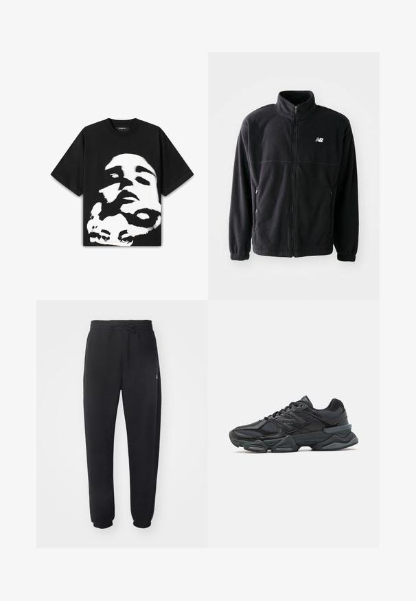 Čierna fleecová bunda so zipsom vpredu, vysokým golierom, s dvoma bočnými vreckami a elastickými rukávmi. Logo New Balance v bielej farbe na hornej ľavej strane.; Čierne bavlnené tričko s krátkym rukávom, ktoré má veľký biely a čierny grafický potlač tváre. Voľný strih s okrúhlym výstrihom.; Čierne tepláky vyrobené z mäkkého materiálu s elastickým pásom, šnúrkou na stiahnutie a zúženými manžetami, s jemným logom na boku.; Čierna bežecká obuv so zmesou sieťoviny a syntetických materiálov, robustnou podrážkou, zakriveným dizajnom a výrazným logom na boku.
