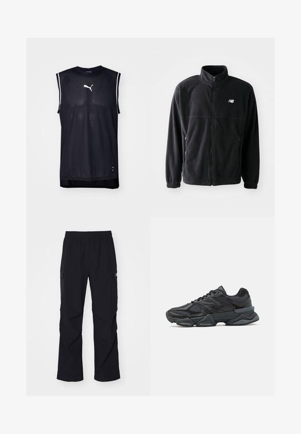 Svart fleecejacka med dragkedja fram, hög krage, två sidofickor och elastiska ärmslut. New Balance-logotyp i vitt på övre vänstra sidan.; Svart ärmlös atletisk tröja med meshtextur, prydd med vit Puma-logotyp och accentstriber på axlarna.; Svarta cargobyxor i lätt material, med elastisk midja, sidofickor och rak bendesign.; Svart löparsko med en kombination av mesh och syntetiska material, kraftig sula, rundad design och framträdande varumärkning på sidan.
