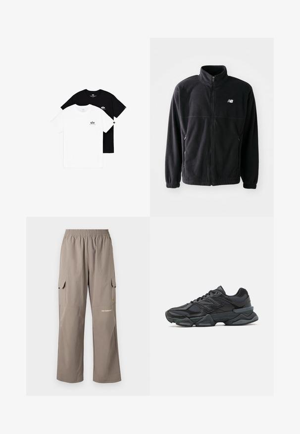 Black fleece jacket with a zip front, high collar, two side pockets, and elastic cuffs. New Balance logo in white on the upper left side.; Two crewneck t-shirts: one white and one black. Both feature small logo accents on the left chest. Made of soft cotton fabric.; Cargo pants made of lightweight fabric, in a taupe color, featuring an elastic waistband, side pockets, and a subtle brand logo.; Black running shoe featuring a mix of mesh and synthetic materials, chunky sole, curved design, and prominent branding on the side.