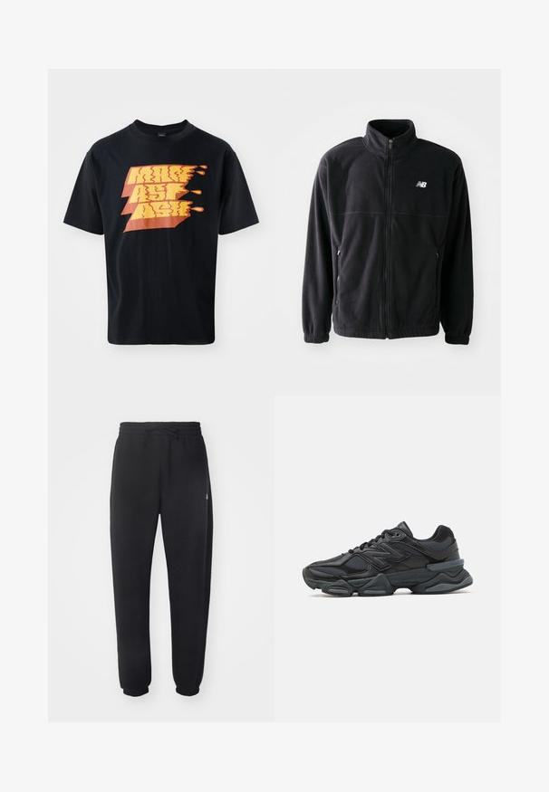 Svart fleece-jakke med glidelås foran, høy krage, to sidelommer og elastiske mansjetter. New Balance-logo i hvitt på øvre venstre side.; Svart bomulls T-skjorte med en fargerik grafisk design og stilisert tekst i oransje og gul, som gir et dynamisk utseende. Korte ermer.; Sorte joggebukser laget av mykt materiale med elastisk midje, snor og smale mansjetter, med en diskret logo på siden.; Svart løpesko med en blanding av mesh og syntetiske materialer, chunky såle, buet design og fremtredende merkevare på siden.
