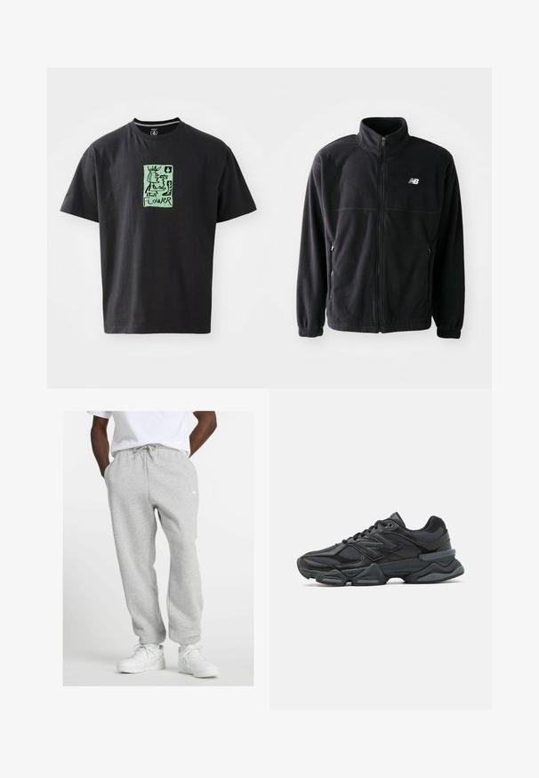 Veste en polaire noire avec fermeture éclair à l'avant, col haut, deux poches latérales et poignets élastiques. Logo New Balance en blanc sur le côté supérieur gauche.; T-shirt noir en coton avec une illustration graphique verte comportant le mot "FLEUR". Manches courtes et col rond.; Homme portant un survêtement gris clair avec cordon de serrage et des baskets blanches, se tenant avec les mains dans les poches sur un fond blanc.; Chaussure de course noire mettant en avant un mélange de mesh et de matériaux synthétiques, avec une semelle épaisse, un design arrondi et un logo bien visible sur le côté.