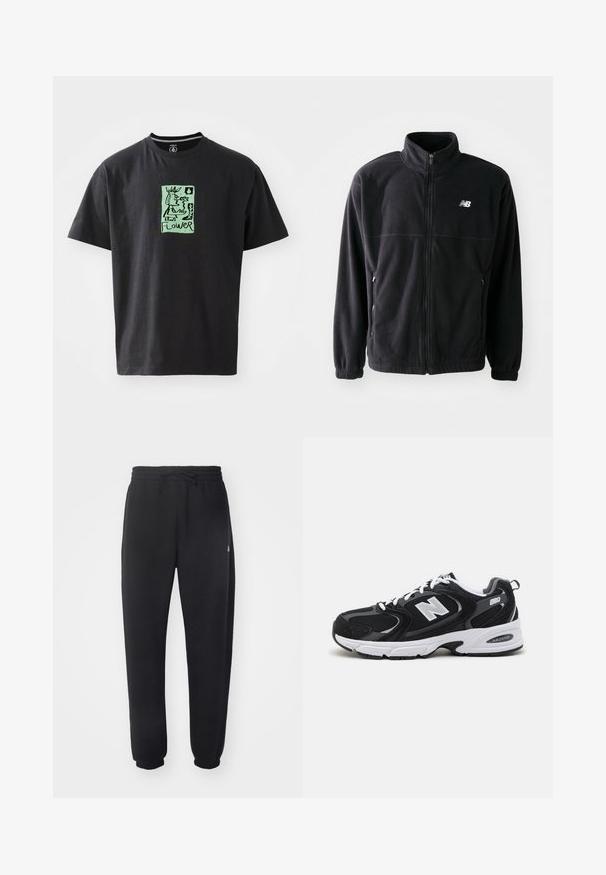 Veste en polaire noire avec fermeture éclair à l'avant, col haut, deux poches latérales et poignets élastiques. Logo New Balance en blanc sur le côté supérieur gauche.; T-shirt noir en coton avec une illustration graphique verte comportant le mot "FLEUR". Manches courtes et col rond.; Pantalon de sweat noir en matière douce, avec une taille élastique, un cordon de serrage et des poignets fuselés, arborant un logo discret sur le côté.; Baskets de sport noires et grises avec un tige en mesh et en suède, présentant une semelle intermédiaire blanche, des lacets et un logo "N" audacieux sur le côté.