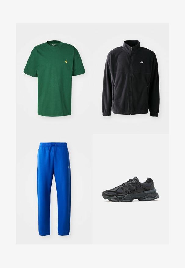 Juodas vilnonis džemperis su užtrauktuku priekyje, aukštu apykakle, dviem šoninėmis kišenėmis ir elastinėmis rankovėmis. Naujojo Balanso logotipas baltos spalvos viršutiniame kairiajame kampe.; Carhartt WIP CHASE - Paprasti marškinėliai - sycamore tree/gold; Mėlyni sportiniai kelniukai, pagaminti iš minkštos medžiagos, su elastingu juosmeniu ir raišteliu, siaurėjančiomis kojomis ir nedideliu logotipo akcentu šone.; Juodas bėgimo batelis, pagamintas iš tinklinės ir sintetinės medžiagos, turintis stambų pado dizainą, kreivą formą ir ryškią prekės ženklą šone.
