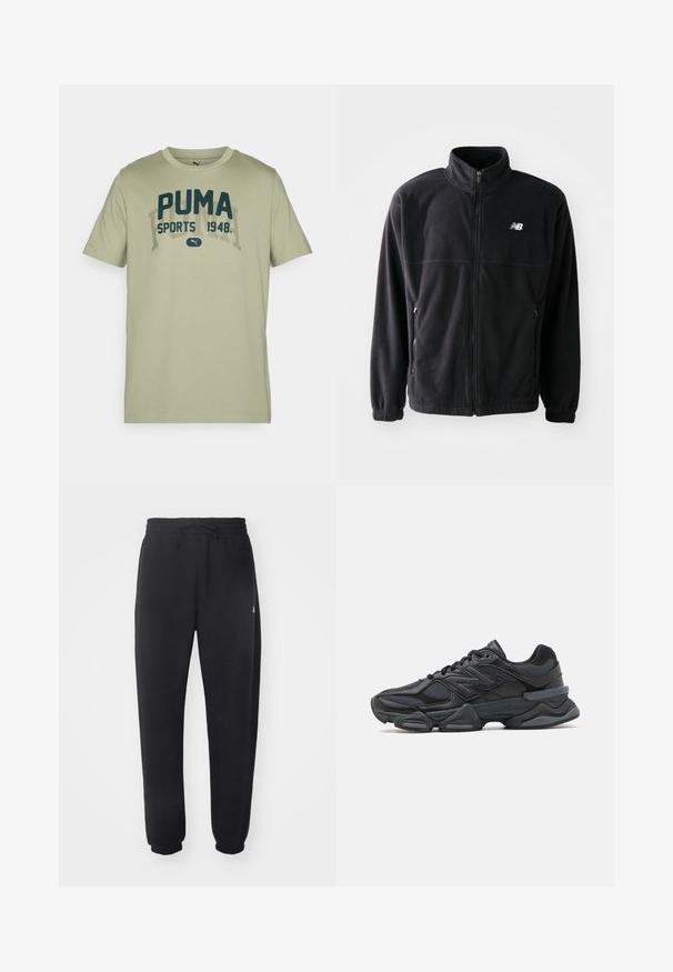 Zwarte fleecejack met een ritssluiting aan de voorkant, hoge kraag, twee zijzakken en elastische manchetten. New Balance-logo in het wit op de bovenste linkerzijde.; Lichtgroene katoenen t-shirt met korte mouwen, ronde hals en een donkerblauw PUMA-ontwerp met de tekst "SPORTS 1948" in een contrasterend lettertype.; Zwarte joggingbroek van zacht materiaal met een elastische tailleband, trekkoord en taps toelopende manchetten, met een subtiele logo aan de zijkant.; Zwarte hardloopschoen met een mix van mesh en synthetische materialen, een stevige zool, gebogen ontwerp en prominente branding op de zijkant.