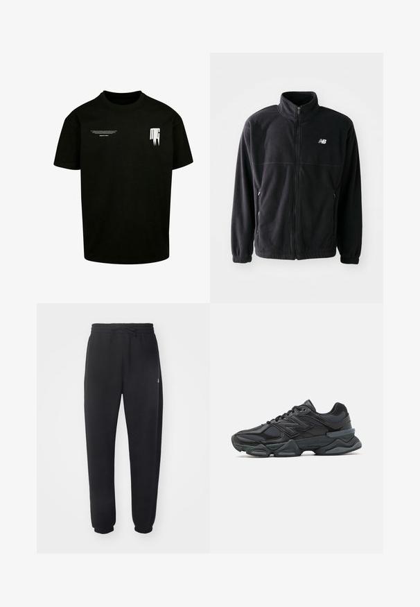 Čierna fleecová bunda so zipsom vpredu, vysokým golierom, s dvoma bočnými vreckami a elastickými rukávmi. Logo New Balance v bielej farbe na hornej ľavej strane.; Čierne bavlnené tričko s krátkymi rukávmi, okrúhlym výstrihom a bielym potlačeným textom a grafickými detailmi na prednej strane.; Čierne tepláky vyrobené z mäkkého materiálu s elastickým pásom, šnúrkou na stiahnutie a zúženými manžetami, s jemným logom na boku.; Čierna bežecká obuv so zmesou sieťoviny a syntetických materiálov, robustnou podrážkou, zakriveným dizajnom a výrazným logom na boku.