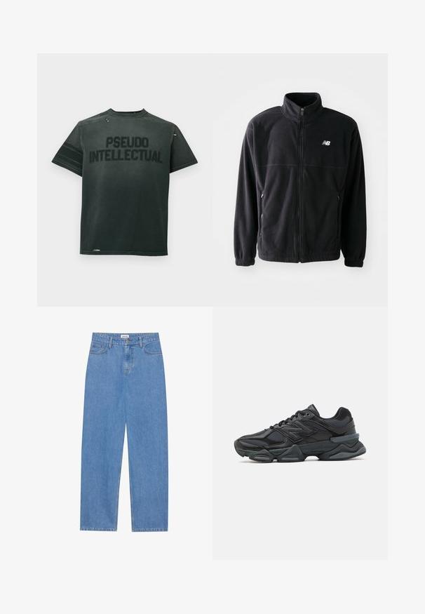 Veste en polaire noire avec fermeture éclair à l'avant, col haut, deux poches latérales et poignets élastiques. Logo New Balance en blanc sur le côté supérieur gauche.; T-shirt en coton noir arborant "PSEUDO INTELLECTUAL" en lettres majuscules. Manches courtes, col rond et détails usés près du col.; Jean en denim bleu clair avec une coupe droite, design à cinq poches, fermeture à un bouton et détails de couture subtils sur les coutures.; Chaussure de course noire mettant en avant un mélange de mesh et de matériaux synthétiques, avec une semelle épaisse, un design arrondi et un logo bien visible sur le côté.