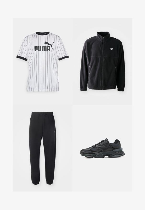 Crna flis jakna s patentnim zatvaračem sprijeda, visokim ovratnikom, dva bočna džepa i elastičnim manžetama. New Balance logo u bijeloj boji na gornjoj lijevoj strani.; Bijela majica s crnim vertikalnim prugama, crnim ovratnikom i rukavima. Ima veliki crni "PUMA" logo sprijeda s siluetom pumice.; Crne sweatpants napravljene od mekog materijala s elastičnom trakom u struku, žicom za zatezanje i suženim manžetama, s blagim logotipom sa strane.; Crne trkačke tenisice izrađene od kombinacije mrežastih i sintetičkih materijala, s debelim potplatom, zakrivljenim dizajnom i istaknutim brendom sa strane.