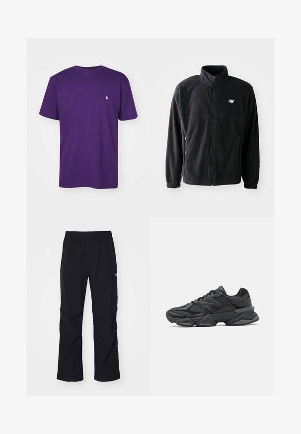 Black fleece jacket with a zip front, high collar, two side pockets, and elastic cuffs. New Balance logo in white on the upper left side.; Purple cotton t-shirt, short sleeves, crew neck, featuring a small white logo on the left chest. Smooth texture with a relaxed fit.; Black cargo pants made of lightweight material, featuring an elastic waistband, side pockets, and a straight leg design.; Black running shoe featuring a mix of mesh and synthetic materials, chunky sole, curved design, and prominent branding on the side.