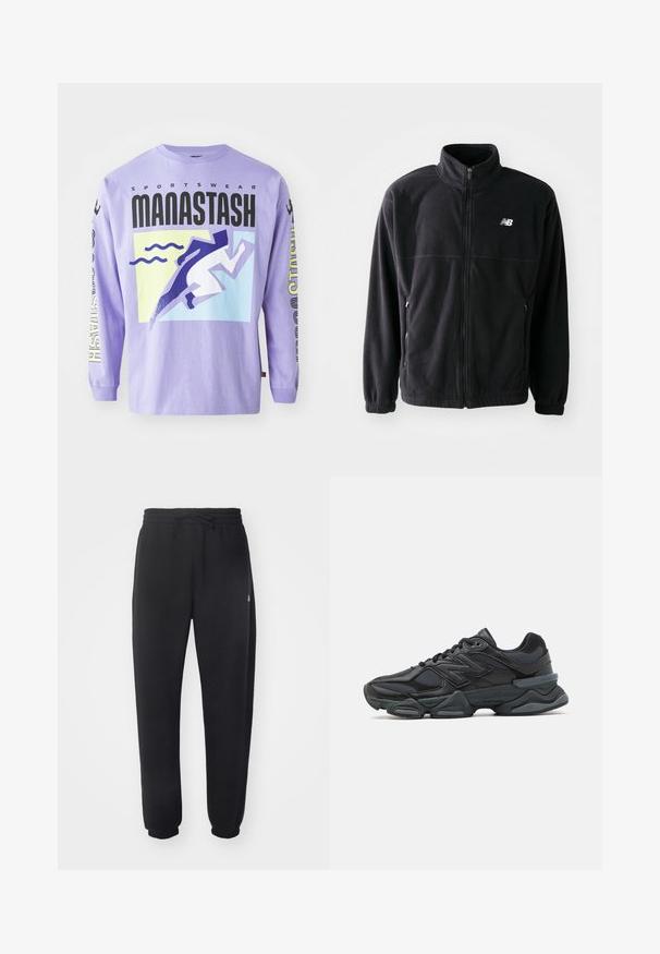 Schwarze Fleecejacke mit Reißverschluss vorne, hohem Kragen, zwei seitlichen Taschen und elastischen Bündchen. New Balance-Logo in Weiß auf der oberen linken Seite.; Lila Langarmshirt mit grafischem Design, das stilisierte Läufer- und Wellenmotive zeigt. Material: Baumwolle. Der Text beinhaltet "SPORTSWEAR MANASTASH."; Schwarze Sweatpants aus weichem Material mit elastischem Bund, Kordelzug und schmal zulaufenden Bündchen, die auf der Seite ein dezentes Logo zeigen.; Schwarzer Laufschuh mit einer Mischung aus Mesh- und sinthetischen Materialien, dicke Sohle, geschwungenes Design und auffälliger Markenkennzeichnung an der Seite.
