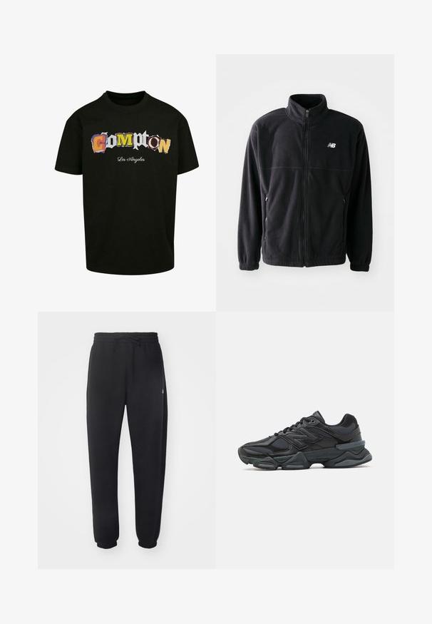 Zwarte fleecejack met een ritssluiting aan de voorkant, hoge kraag, twee zijzakken en elastische manchetten. New Balance-logo in het wit op de bovenste linkerzijde.; Zwarte T-shirt met korte mouwen, voorzien van kleurrijke, uitgesneden tekst "Compton Los Angeles" aan de voorkant. Gemaakt van katoen.; Zwarte joggingbroek van zacht materiaal met een elastische tailleband, trekkoord en taps toelopende manchetten, met een subtiele logo aan de zijkant.; Zwarte hardloopschoen met een mix van mesh en synthetische materialen, een stevige zool, gebogen ontwerp en prominente branding op de zijkant.