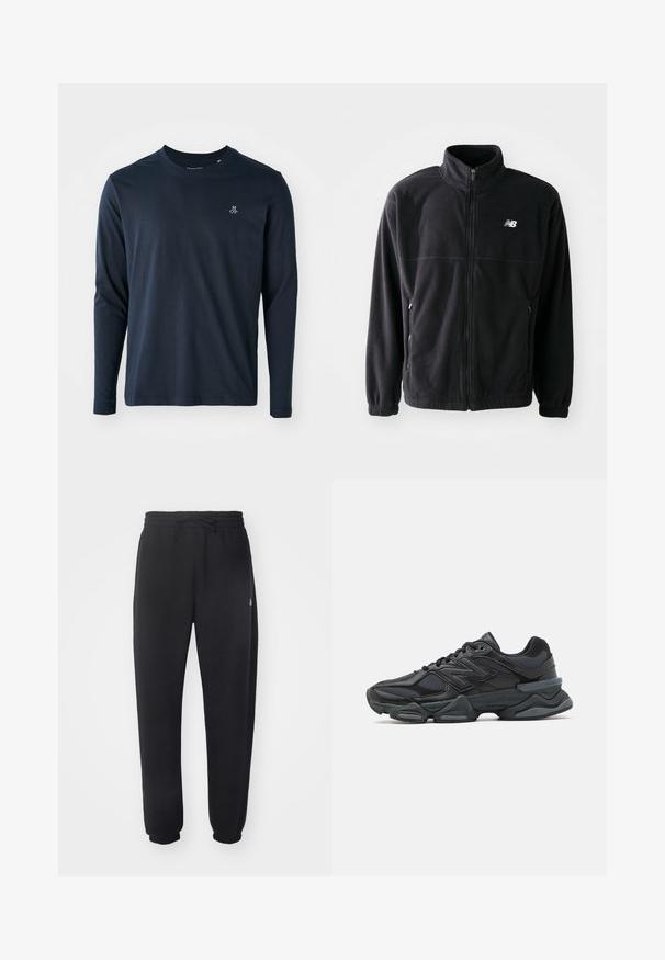 Casaco de fleece preto com fecho frontal, gola alta, dois bolsos laterais e punhos elásticos. Logotipo da New Balance em branco no lado superior esquerdo.; T-shirt de manga longa azul-marinho feito de algodão suave, com um decote redondo e um pequeno logo branco no lado esquerdo do peito.; Calças de treino pretas feitas de material suave, com cintura elástica, cordão e punhos ajustados, apresentando um logótipo discreto na lateral.; Sapato de corrida preto com uma combinação de malha e materiais sintéticos, sola robusta, design curvado e uma marca de destaque na lateral.