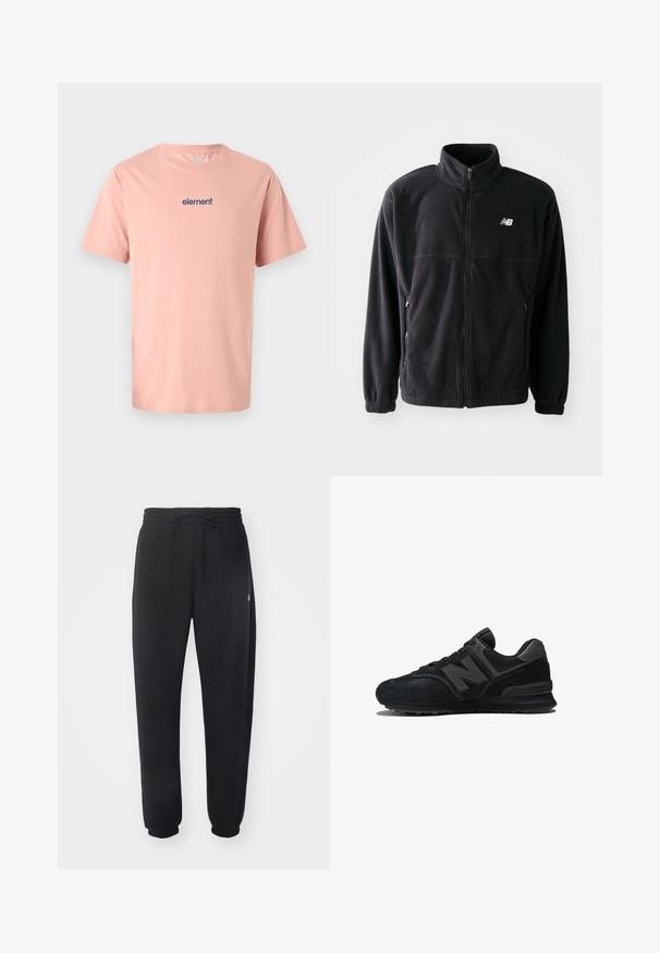 Chaqueta de forro polar negra con cremallera frontal, cuello alto, dos bolsillos laterales y puños elásticos. Logo de New Balance en blanco en la parte superior izquierda.; Camiseta de algodón rosa claro con cuello redondo, mangas cortas y un pequeño logotipo "element" azul marino en el pecho. Textura suave, corte regular.; Pantalones de chándal negros hechos de un material suave, con una cintura elástica, cordón y puños acampanados, con un sutil logotipo en el lateral.; Zapatilla negra con parte superior de ante y malla, suela gruesa y el prominente logo 'N' en el lateral. Diseño texturizado con cierre de cordones.