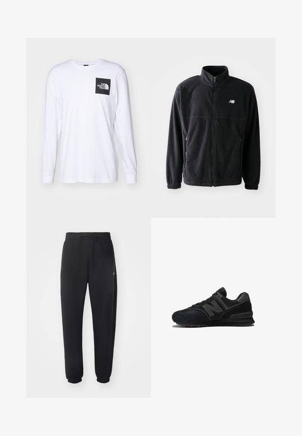 Schwarze Fleecejacke mit Reißverschluss vorne, hohem Kragen, zwei seitlichen Taschen und elastischen Bündchen. New Balance-Logo in Weiß auf der oberen linken Seite.; Weißes Langarm-T-Shirt mit schwarzem quadratischen Logo, das "The North Face" auf der oberen linken Brust zeigt.; Schwarze Sweatpants aus weichem Material mit elastischem Bund, Kordelzug und schmal zulaufenden Bündchen, die auf der Seite ein dezentes Logo zeigen.; Schwarzer Sneaker mit einem Obermaterial aus Wildleder und Mesh, dicker Sohle und auffälligem 'N'-Logo an der Seite. Strukturiertes Design mit Schnürverschluss.