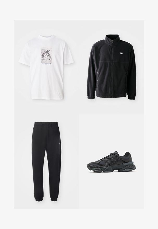 Juodas vilnonis džemperis su užtrauktuku priekyje, aukštu apykakle, dviem šoninėmis kišenėmis ir elastinėmis rankovėmis. Naujojo Balanso logotipas baltos spalvos viršutiniame kairiajame kampe.; Balta medvilninė marškinėlių su centriniu šunų žaidimo grafiku, po vaizdu raudonais žodžiais „Visas darbas ir jokio žaidimo“.; Juodi sportiniai kelniai, pagaminti iš minkštos medžiagos, su elastinga juosmena, raišteliu ir siaurėjantys ties apačia, su subtiliu logotipu šone.; Juodas bėgimo batelis, pagamintas iš tinklinės ir sintetinės medžiagos, turintis stambų pado dizainą, kreivą formą ir ryškią prekės ženklą šone.