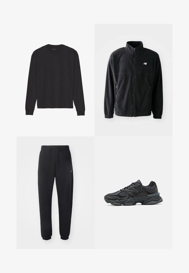 Casaco de fleece preto com fecho frontal, gola alta, dois bolsos laterais e punhos elásticos. Logotipo da New Balance em branco no lado superior esquerdo.; T-shirt preta de manga comprida feita de algodão macio. Apresenta gola redonda clássica, punhos canelados e um corte confortável. Design simples, sem padrões.; Calças de treino pretas feitas de material suave, com cintura elástica, cordão e punhos ajustados, apresentando um logótipo discreto na lateral.; Sapato de corrida preto com uma combinação de malha e materiais sintéticos, sola robusta, design curvado e uma marca de destaque na lateral.