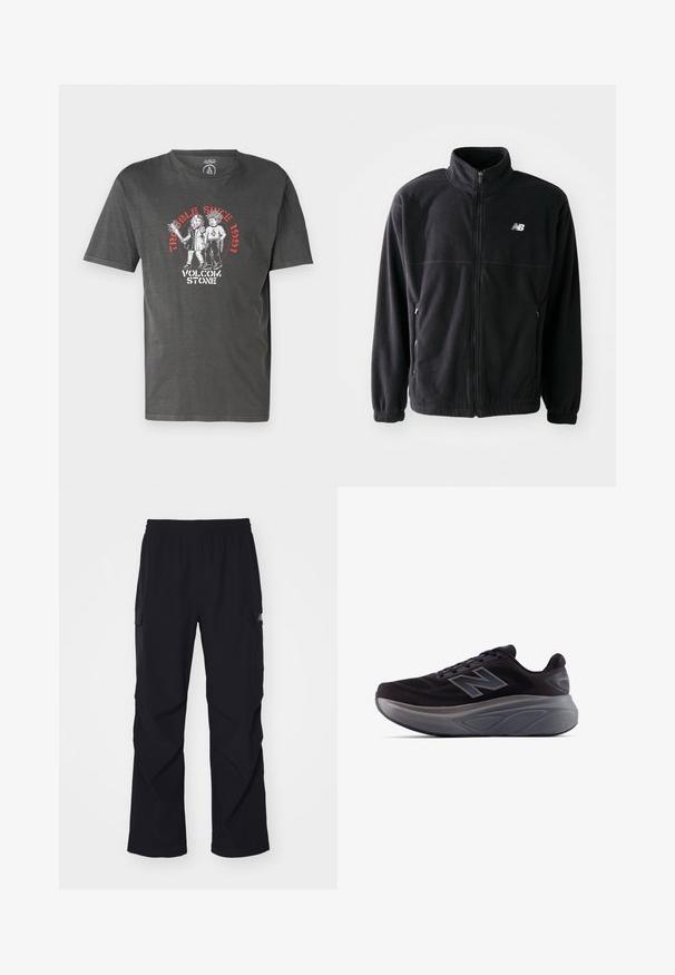 Black fleece jacket with a zip front, high collar, two side pockets, and elastic cuffs. New Balance logo in white on the upper left side.; Dark gray t-shirt made of cotton with a relaxed fit. Features a graphic print of two figures and text "Trouble Since 1991" in red.; Black cargo pants made of lightweight material, featuring an elastic waistband, side pockets, and a straight leg design.; Black athletic shoe with a textured upper, reinforced heel, and a thick gray sole. Features a prominent "N" logo.