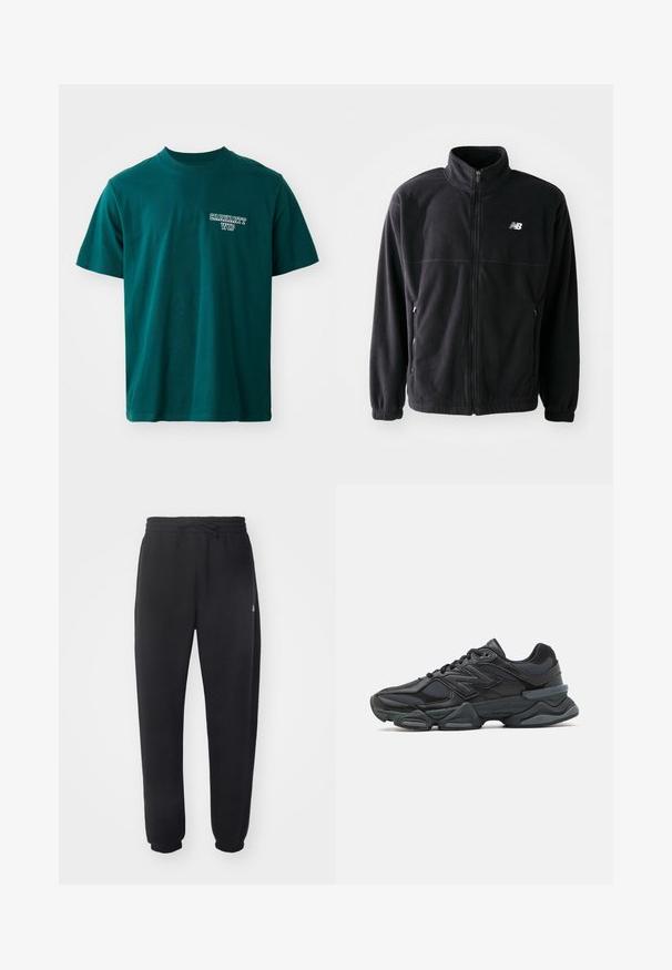 Casaco de fleece preto com fecho frontal, gola alta, dois bolsos laterais e punhos elásticos. Logotipo da New Balance em branco no lado superior esquerdo.; T-shirt de algodão azul-petróleo com mangas curtas e gola redonda. Inclui o logo branco "Carhartt WIP" no lado esquerdo do peito. Design simples, corte reto.; Calças de treino pretas feitas de material suave, com cintura elástica, cordão e punhos ajustados, apresentando um logótipo discreto na lateral.; Sapato de corrida preto com uma combinação de malha e materiais sintéticos, sola robusta, design curvado e uma marca de destaque na lateral.