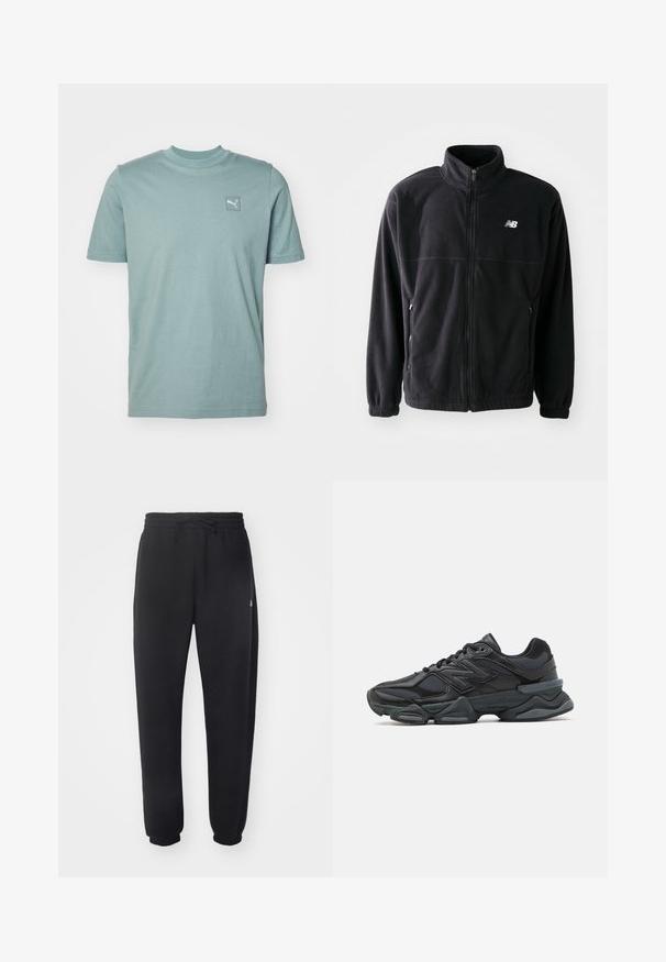 Giacca in pile nera con zip frontale, colletto alto, due tasche laterali e polsini elasticizzati. Logo New Balance in bianco sul lato sinistro superiore.; T-shirt di cotone azzurro chiaro con colletto rotondo e maniche corte; presenta un piccolo logo ricamato sulla parte sinistra del petto.; Pantaloni della tuta neri realizzati in materiale morbido con vita elastica, coulisse e polsini aderenti, caratterizzati da un logo sottile sul lato.; Scarpa da corsa nera con una combinazione di materiali in rete e sintetici, suola spessa, design curvo e marchio ben visibile sul lato.