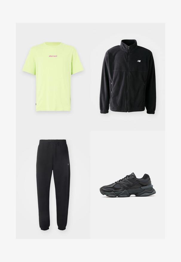 Zwarte fleecejack met een ritssluiting aan de voorkant, hoge kraag, twee zijzakken en elastische manchetten. New Balance-logo in het wit op de bovenste linkerzijde.; Limoengroene katoenen T-shirt met korte mouwen. Heeft een klein roze 'element'-logo op de borst. Rechte snit met een zijlabel.; Zwarte joggingbroek van zacht materiaal met een elastische tailleband, trekkoord en taps toelopende manchetten, met een subtiele logo aan de zijkant.; Zwarte hardloopschoen met een mix van mesh en synthetische materialen, een stevige zool, gebogen ontwerp en prominente branding op de zijkant.