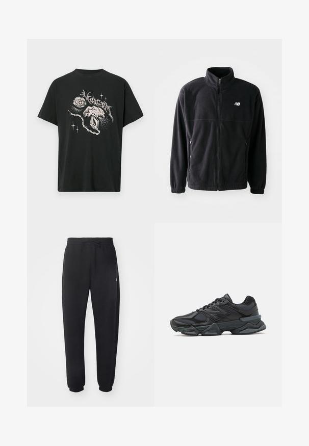 Casaco de fleece preto com fecho frontal, gola alta, dois bolsos laterais e punhos elásticos. Logotipo da New Balance em branco no lado superior esquerdo.; T-shirt preta com gráfico branco de um olho, uma mão segurando um pendente, formas abstratas e texto estilizado acima.; Calças de treino pretas feitas de material suave, com cintura elástica, cordão e punhos ajustados, apresentando um logótipo discreto na lateral.; Sapato de corrida preto com uma combinação de malha e materiais sintéticos, sola robusta, design curvado e uma marca de destaque na lateral.