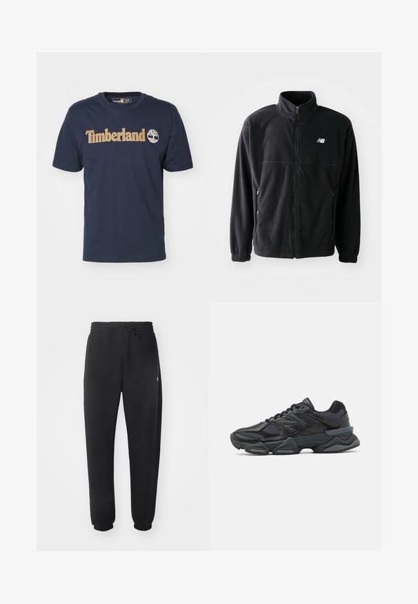 Jachetă din fleece neagră cu fermoar în față, guler înalt, două buzunare laterale și manșete elastice. Logo-ul New Balance în alb pe partea superioară stângă.; Tricou din bumbac de culoare albastru marin, cu un logo mare galben "Timberland" și un icon cu un copac, cu guler rotund și mâneci scurte.; Pantaloni de trening negri, dintr-un material moale, cu talie elastică, șnur de ajustare și manșete tapered, având un logo discret pe lateral.; Pantofari de alergare negri, cu un amestec de plasă și materiale sintetice, talpă masivă, design curbat și branding proeminent pe lateral.