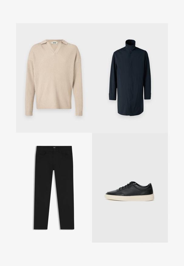 Sini takki tuulta suojaava korkea kaulus, kaksirivinen nappisulku, pitkät hihat ja sivutaskut. Valmistettu kevyestä, vedenpitävästä materiaalista.; Beige ribba neulepusero, jossa on V-pääntie ja kaulus. Pitkät hihat ja rento istuvuus, valmistettu pehmeästä, rakenteellisesta kankaasta.; Musta farkkutakki suoran leikkauksen kanssa, varustettuna tavallisella vyötäröllä, viidellä taskulla ja nappisulkimella. Yhtenäinen sileä pinta.; Musta matalavartinen nahkastretchu, jossa on mustat nauhat ja vaaleanharmaa pohja, esitetty sivuprofiilissa valkoista taustaa vasten.