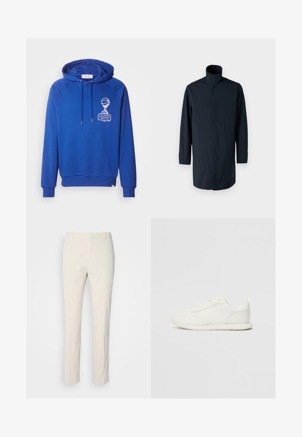 Jūras flotes vējjakas mētelis ar augstu apkakli, divām pogām, garām piedurknēm un sānu kabatām. Izgatavots no viegla, ūdens necaurlaidīga auduma.; Zila kapuce ar priekšpusi, uz kuras attēlots trofejas un basketbola grafika, ar aukliņām un ribotām piedurknēm un apakšmalu. Mīksts materiāls un brīva piegriezuma.; Kremai krāsas piegrieztas bikses ar teksturētu audumu. Ar taisnu kāju dizainu, jostas cilpām un divām priekšējām kabatām. Bez rakstiem.; Baltie sporta apavi ar mežģīņu un sintētisko augšdaļu, apaļu purngalu, plakanu mežģīņu un teksturētu sānu joslu. Gumijas zole ar cilpu aizmugurē.