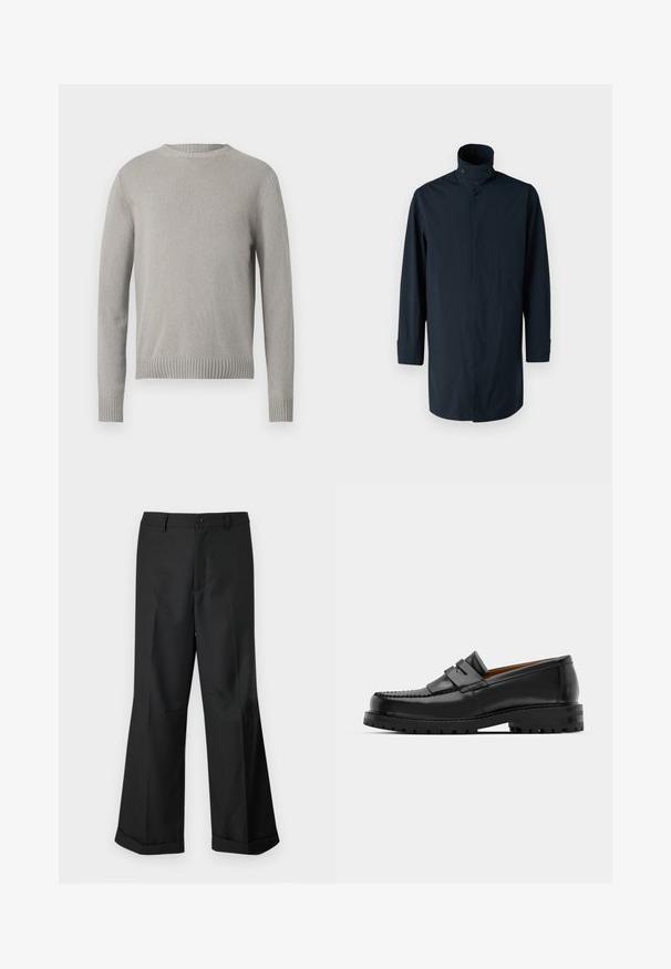 Marineblaue Windbreaker-Jacke mit hohem Kragen, Doppelknopfverschluss, langen Ärmeln und Seitentaschen. Hergestellt aus leichtem, wasserabweisendem Material.; Hellegrau gestrickter Pullover mit rundem Ausschnitt, gerippten Bündchen und Saum. Hat einen strukturierten Stoff in einer einheitlichen Farbe ohne Muster.; Schwarze weit geschnittene Hosen mit geknöpftem Bund und umgeschlagenen Säumen, vor einem schlichten weißen Hintergrund präsentiert.; Schwarze Lederloafer verfügen über eine erhöhte Naht, zwei dekorative Riemen im oberen Bereich und eine dicke, strukturierte Sohle für zusätzlichen Halt.